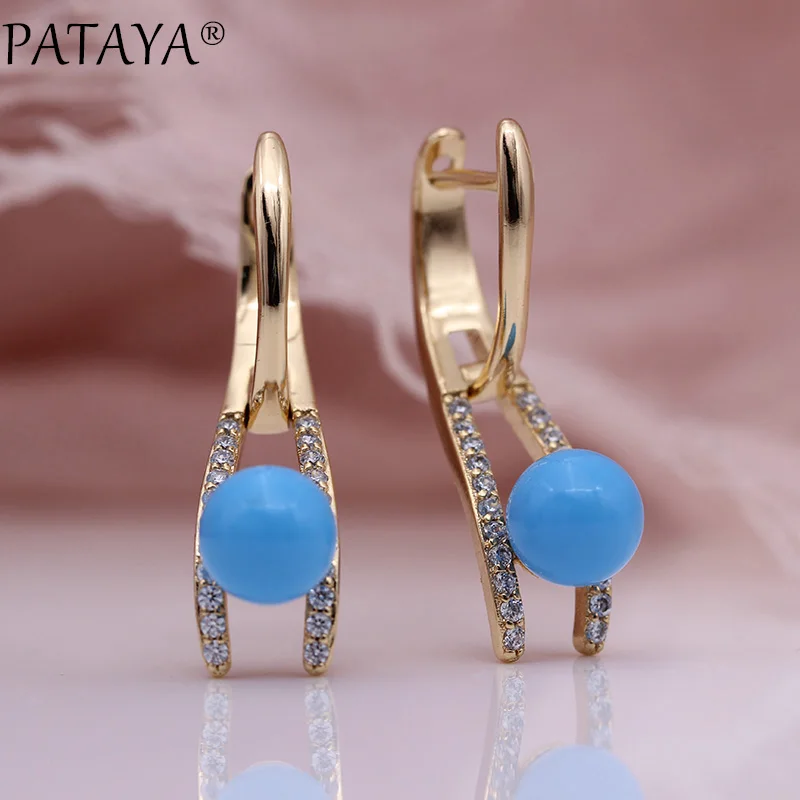 Turkish Blue PATAYA, новинка, Красивые турецкие серьги-капли с голубым жемчугом 585, розовое золото, модные ювелирные изделия, белые круглые уникальные серьги с натуральным цирконием - Окраска металла: Turkish Blue