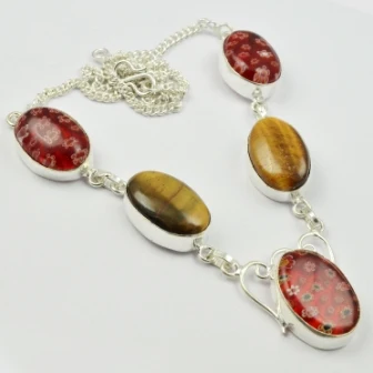 

Dichroic Glass & Tiger Eye Necklace Silver Overlay over Copper , 51 cm, N2251