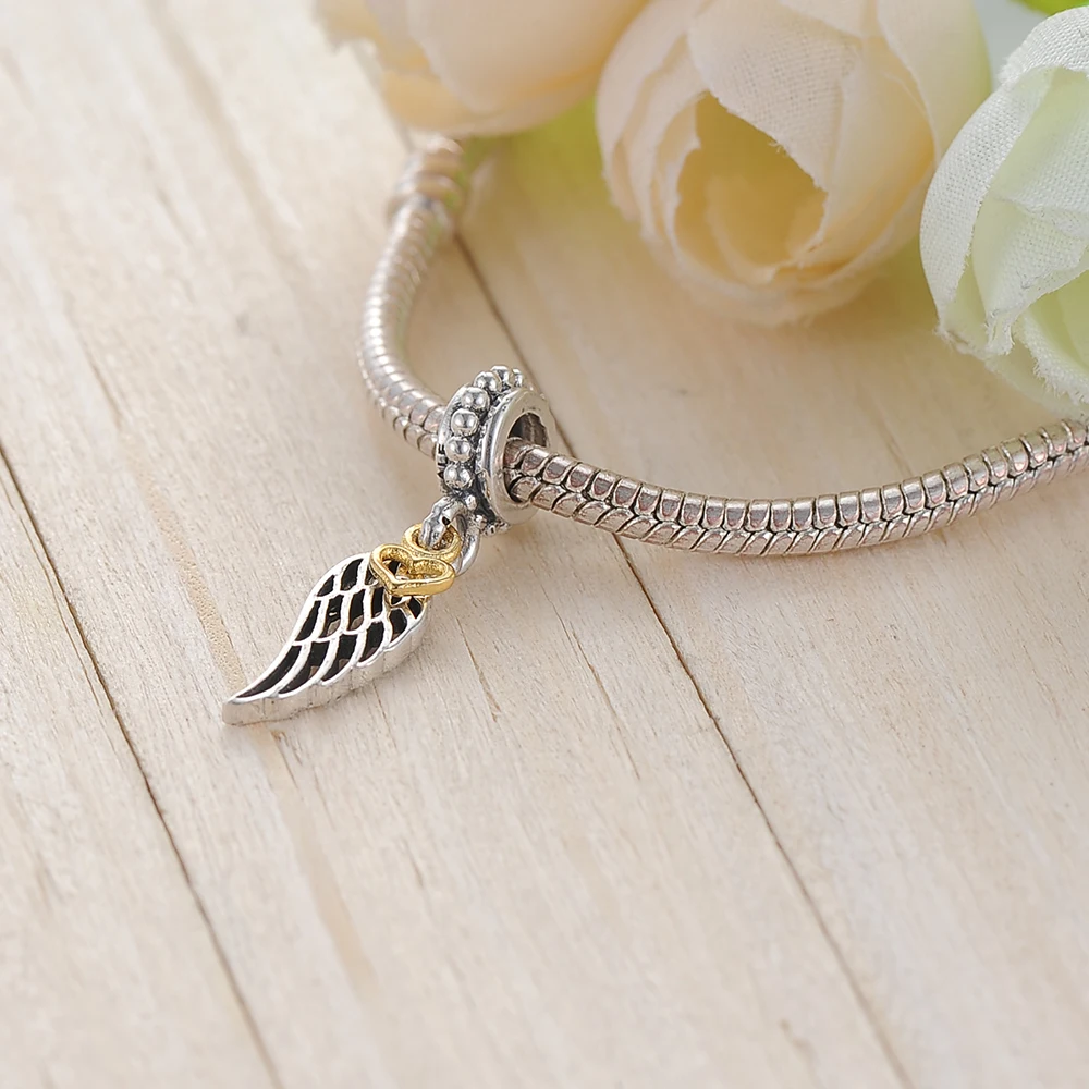 Suplush Silver Angle Wing With Gold Color Heart Dangle Charm Beads Fit Bracelet Pendant 925 Sterling Jewelry PSMB0307 |