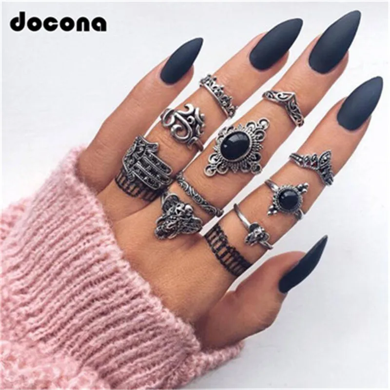 Docona 10 шт. винтажные рандомные полые кольца на пальцы в виде короны Hamsa для женщин
