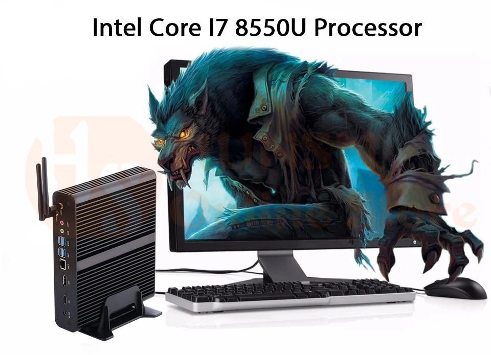 Безвентиляторный мини-ПК, Intel quad core I7 8550U, Windows 10/Ubuntu, черный, [HUNSN BM14L],(WiFi/1DP/1HD/4USB3. 0/4USB2. 0 или(1USB2. 0)/1LAN