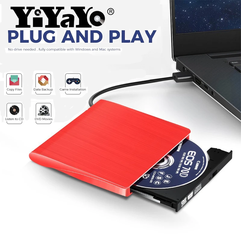YiYaYo Внешний USB 2 0 устройство для чтения CD/DVD проигрывателя ультрапортативное