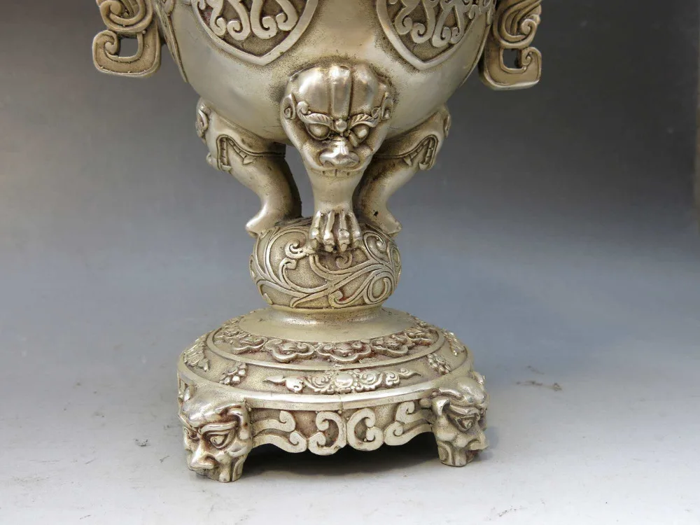 13 &quotКитай Серебро ручная работа резной Феникс сенсер Дракон благовония горелка