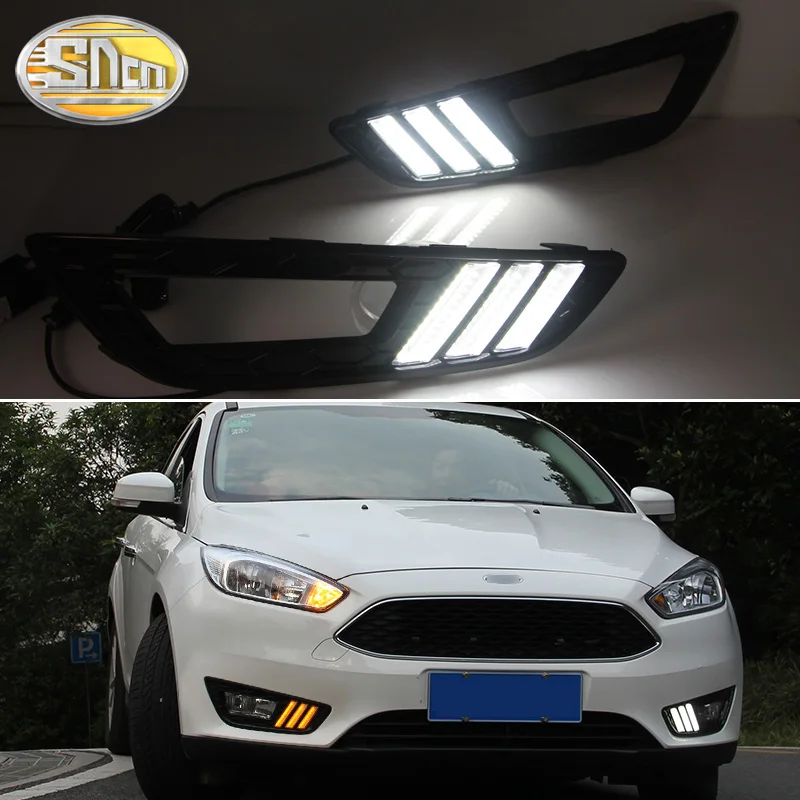 Для Ford Focus 3 mk3 светодиодный DRL Дневной ходовой светильник желтый указатель поворота с отверстием противотуманной фары