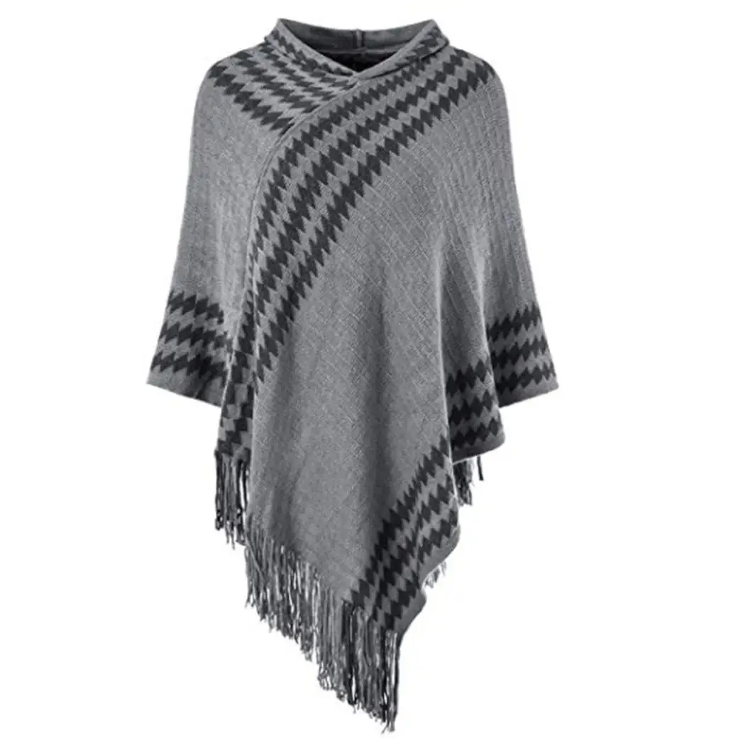 Women Casual Hooded Geometric Tassel Knit Cape Scarf | Аксессуары для одежды