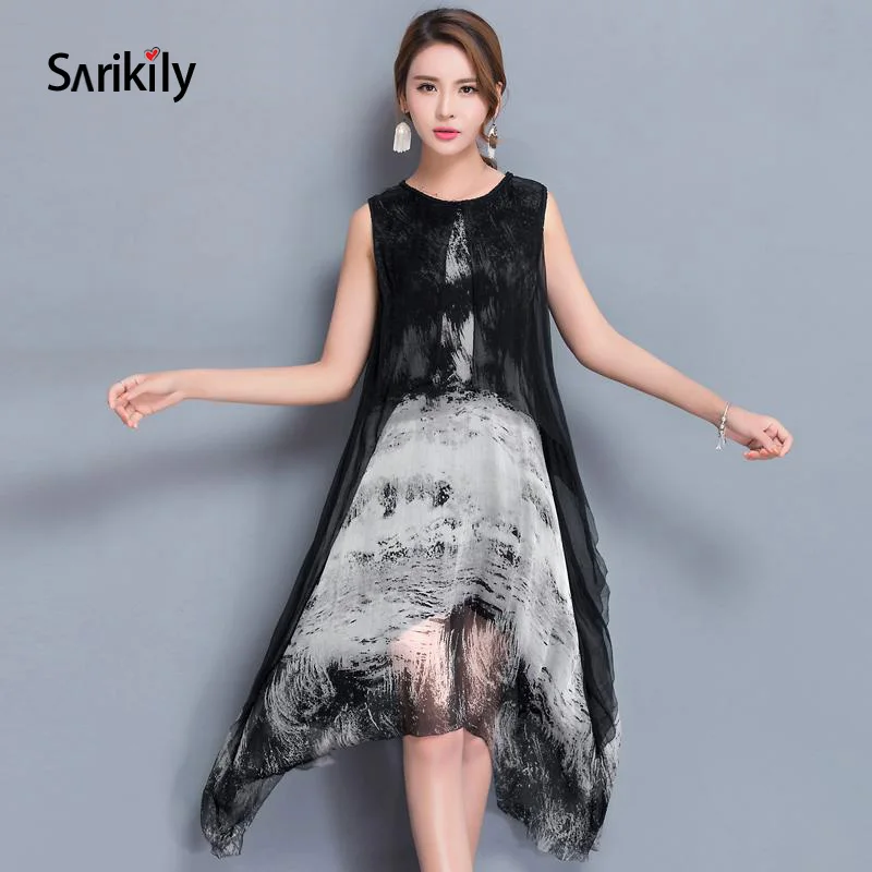 Sarikily 2018 новое летнее женское платье натурального шелка печатных Высокое