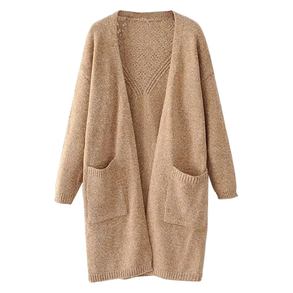 Autumn and Winter Women's Back Hollow-out Midi-length Big Pocket Knitted Cardigan |