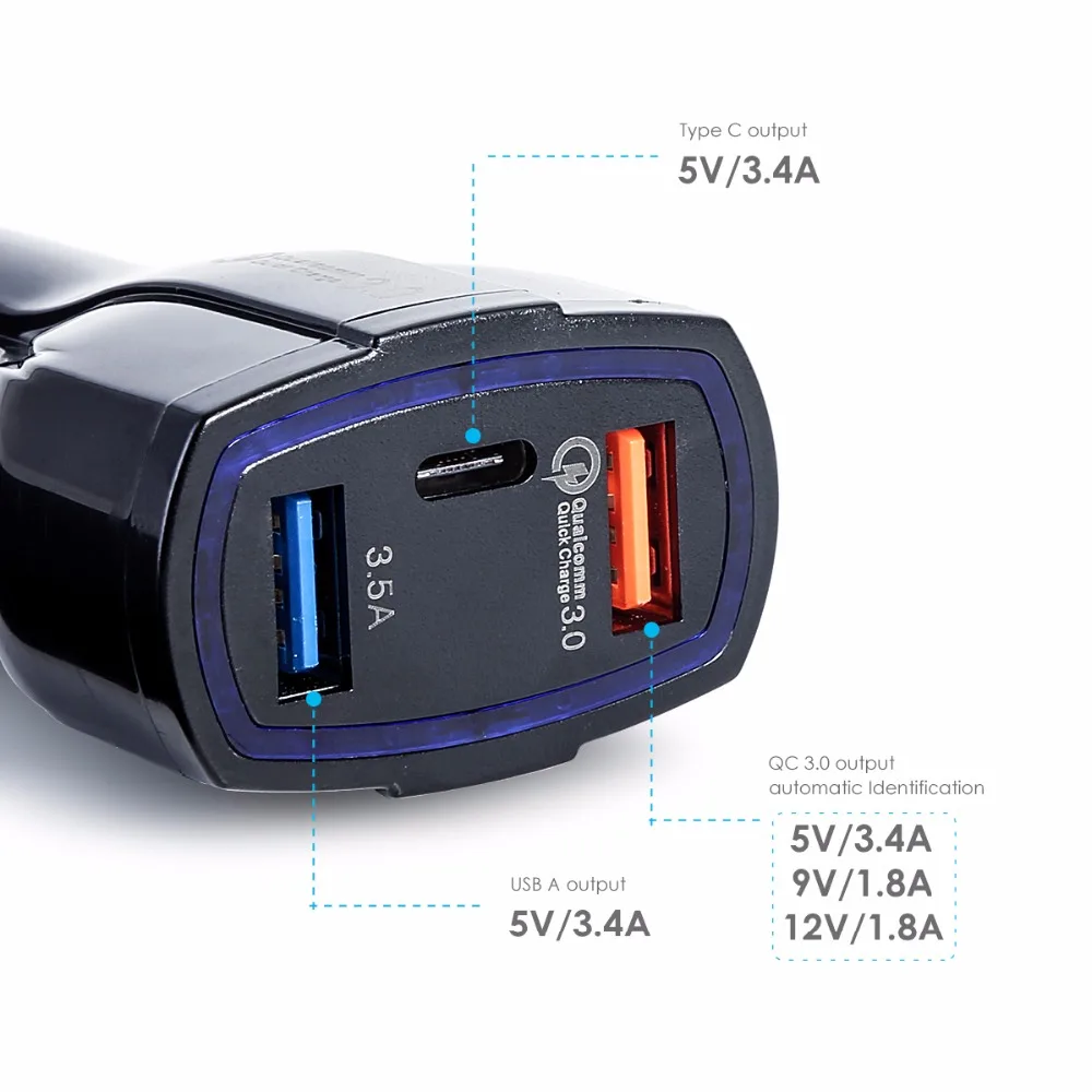 SOONHUA QC3.0 USB Автомобильное зарядное устройство смарт автомобильное зарядное устройство адаптер двойной USB+ type-C 3 порта быстрая зарядка автомобильное зарядное устройство для мобильного телефона s