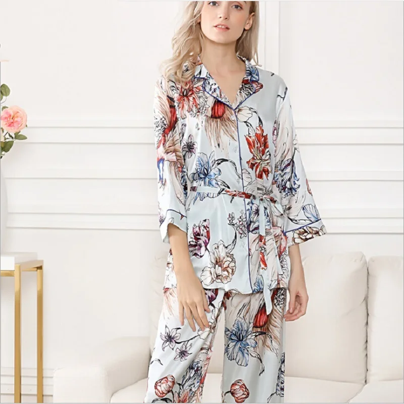 100% Silk Stain Pajamas Set Women Summer 2019 Flower print sleepwear sets night wear homewear long sleeve tops and pants set