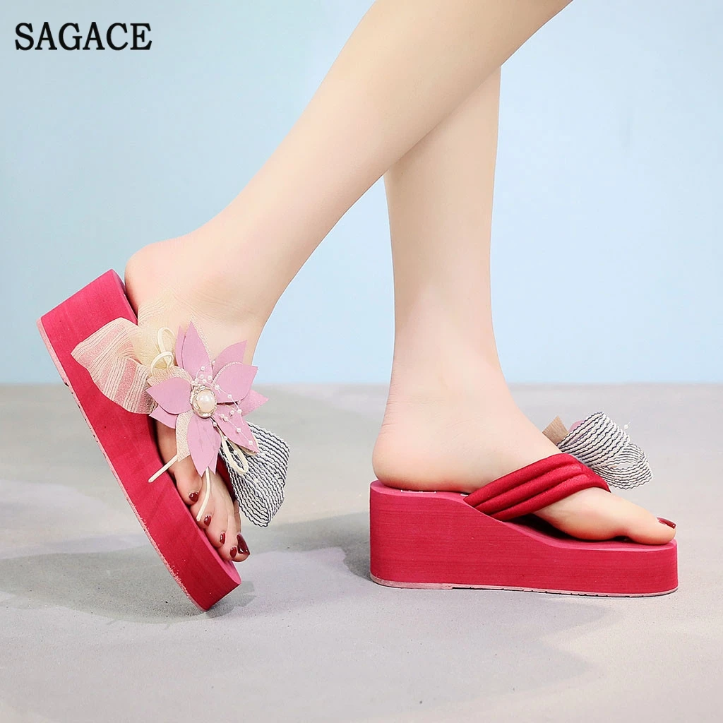 SAGACE/женские вьетнамки на танкетке с цветочным узором в богемном стиле пикантная