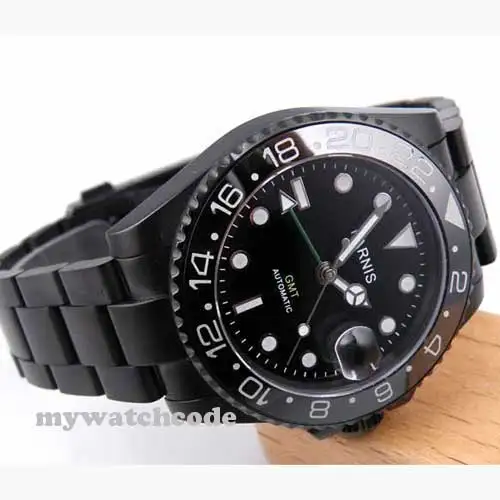 Мужские автоматические часы 40 мм с черным циферблатом parnis PVD GMT сапфировое стекло