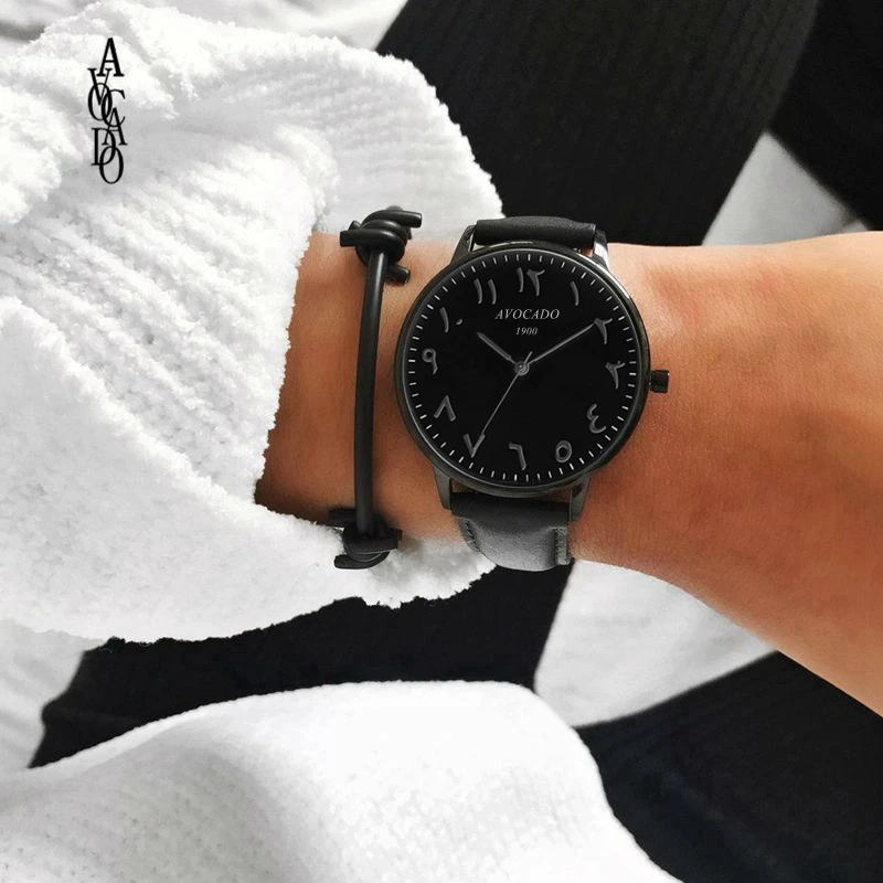 

AVOCADO All Black Arabic Digital Watch Quartz Movement Wristwatches Leather WatchBand Fashion Personality Timer