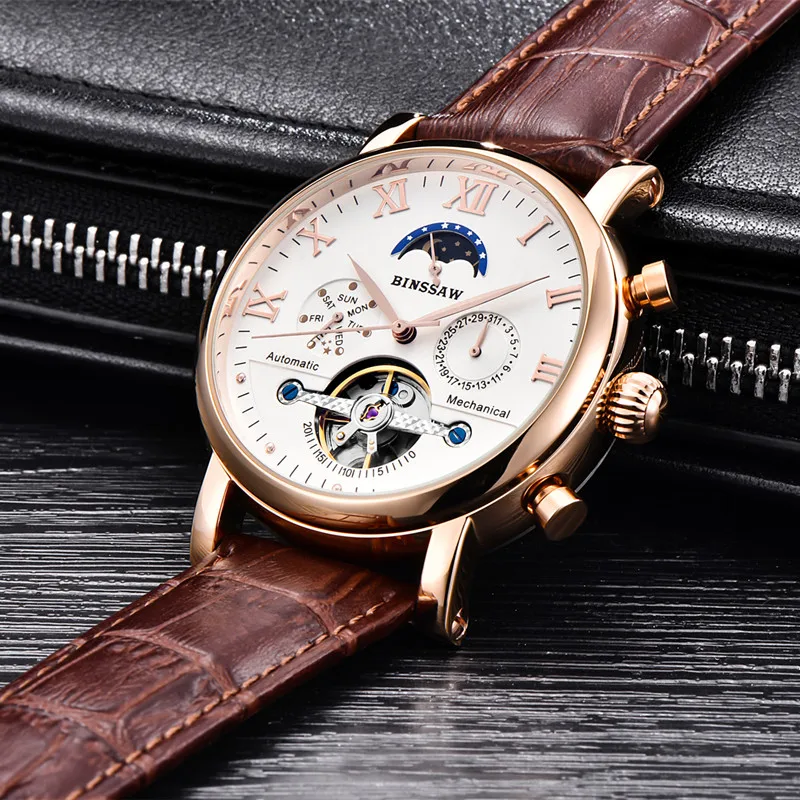 BINSSAW 2018 Новые мужские модные кожаные автоматические механические часы Tourbillon с