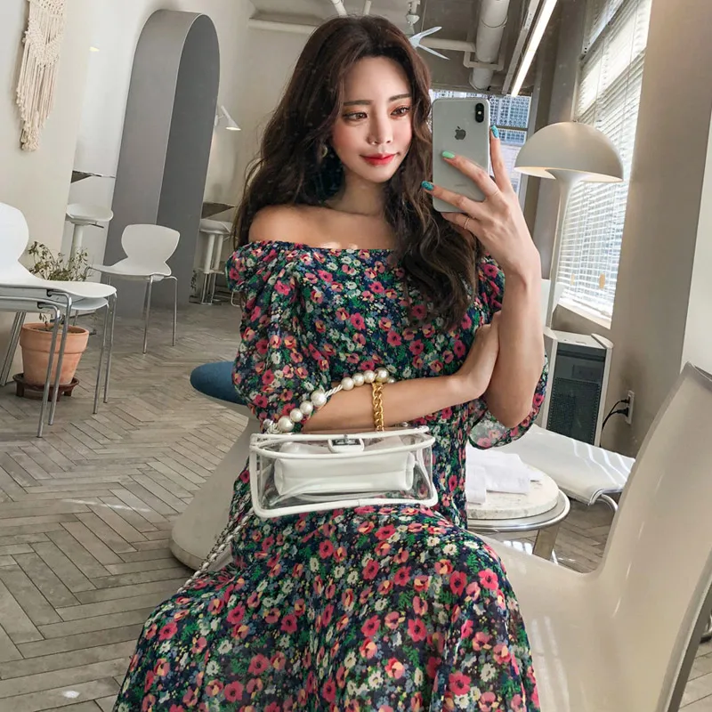 Summer Elegant Floral Print Women Mermaid Dress Slash-neck Half-sleeve Slim Waist Female Chiffon Midi Vestidos femme 2019 | Женская