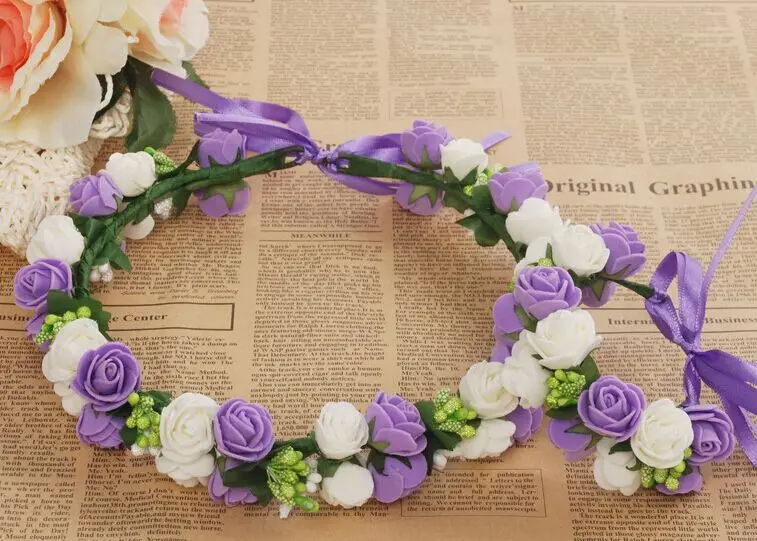 purple white Фиолетовый красный оранжевый зеленый розовый розовые цветы украшения для волос Венок браслет наборы Декоративные искусственные цветы венки цветочный Свадебный Корона - Цвет: purple white