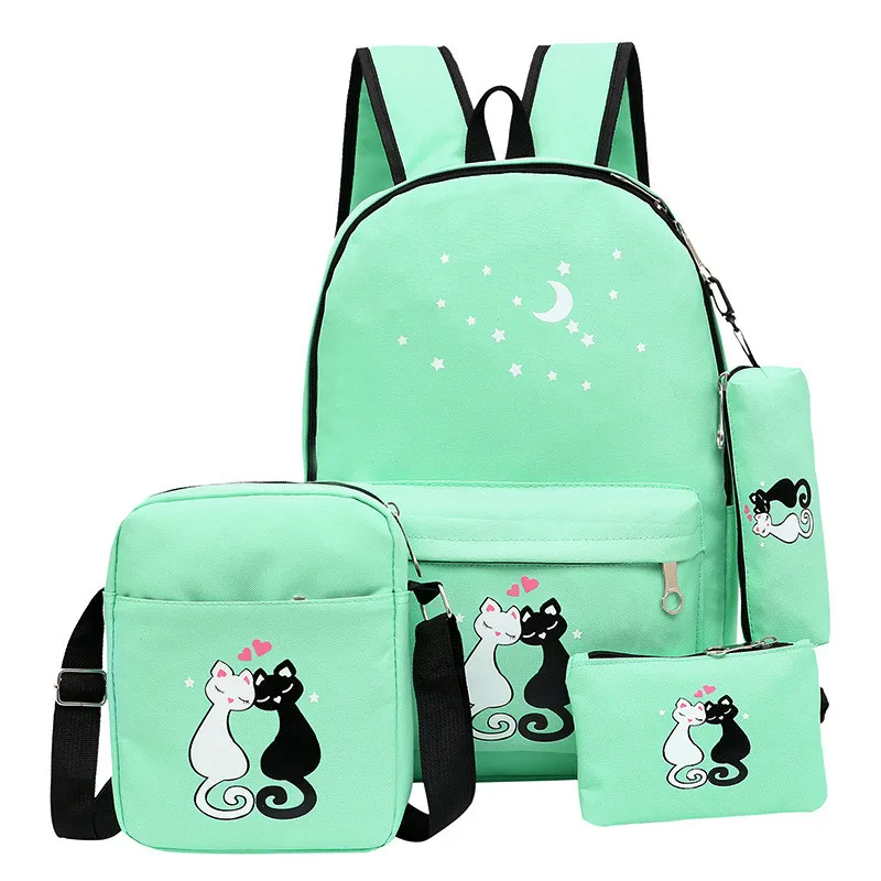 4Pcs/Set  Women Backpack Schoolbag Canvas Cat Pattern School Bag For Girls Laptop Backpack Female Shoulder Bag Bagpack Sac A Dos