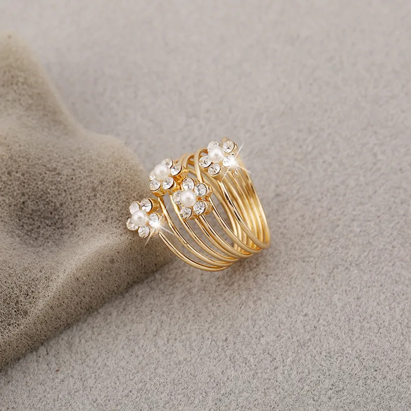 Women Flowers Pearl Layers Ring with Rhinestone Spiral Finger Evening Party Fashion Jewelry Cocktail | Украшения и аксессуары
