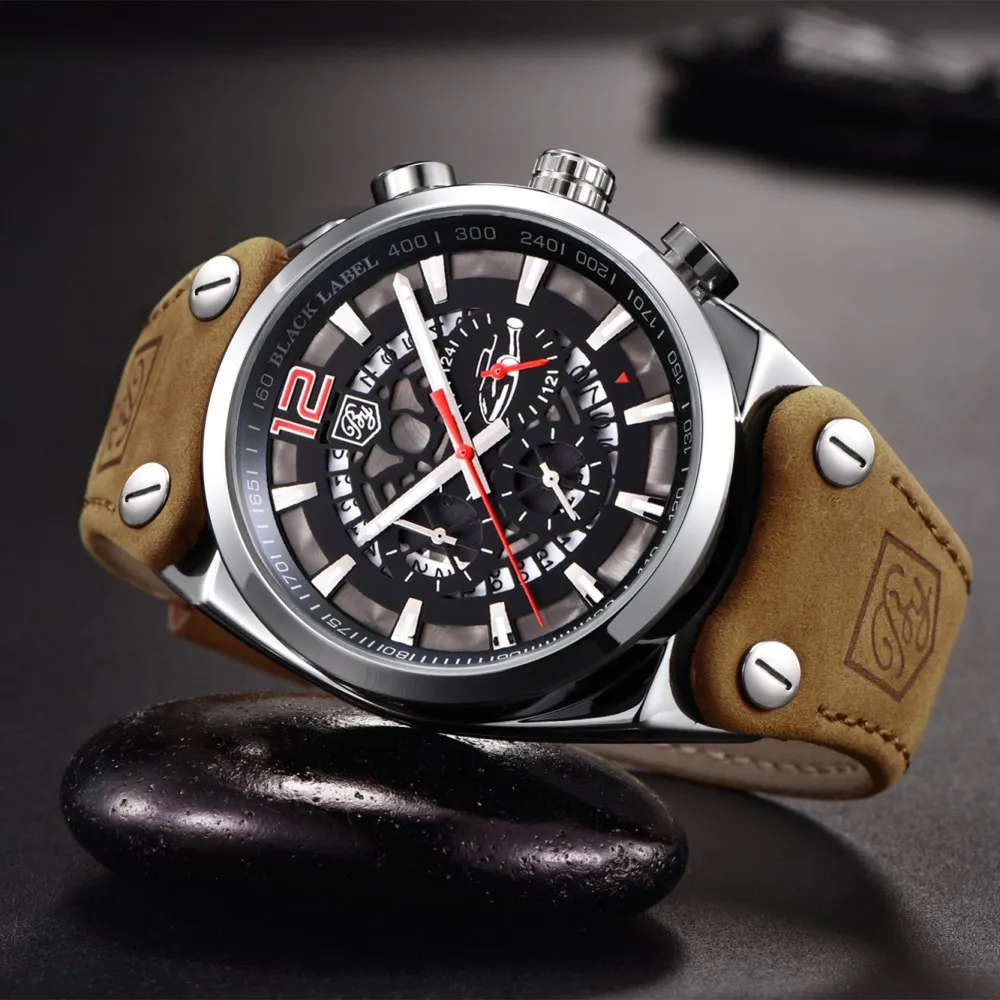 Мужские водонепроницаемые кварцевые часы с календарем на кожаном ремешке |