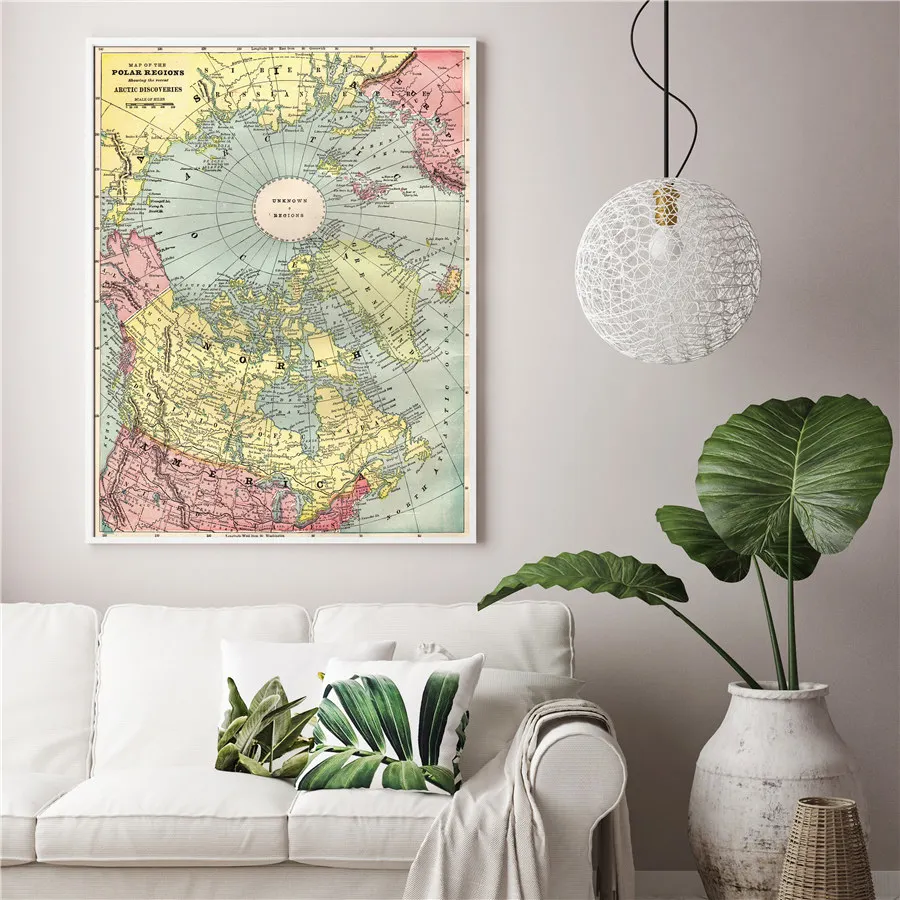 1891 Antique North Pole Map of the Arctic Geography Learning Home Decor Living Room Bar Cafe Delicate texture Print Wall Sticker | Дом и сад