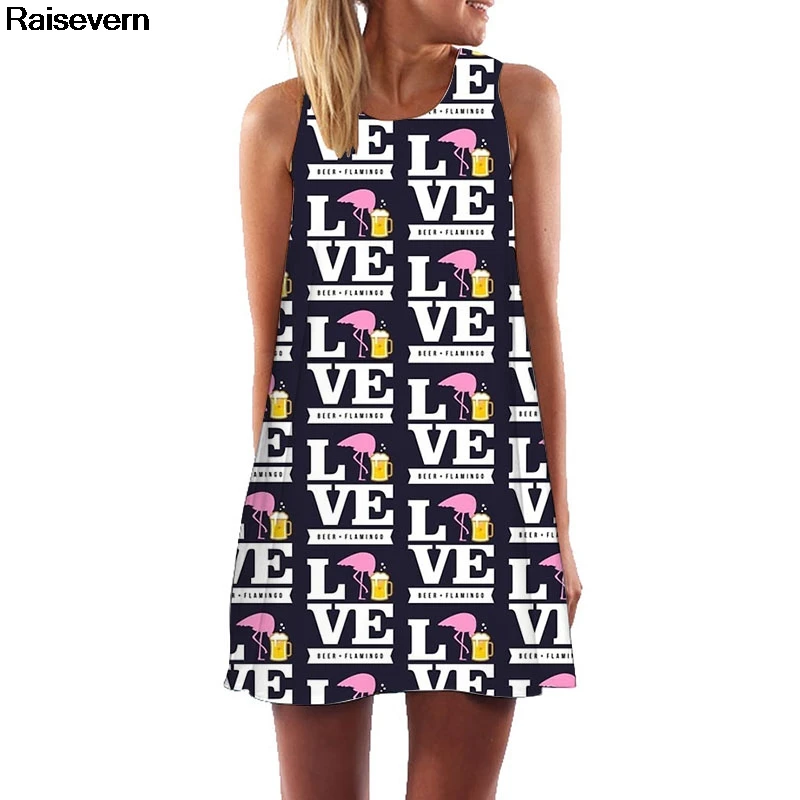 Новое летнее платье с изображением пива Фламинго 2018 модное мини в стиле бохо