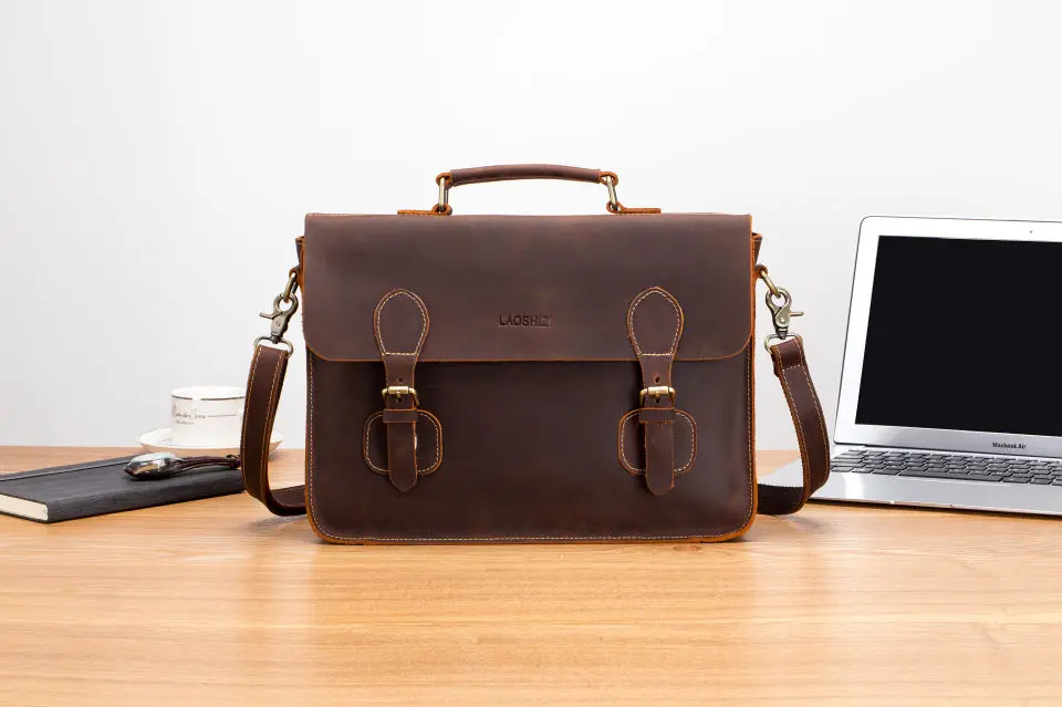 LAOSHIZI LUOSEN Men's Vintage Crazy Horse Leather Briefcase Messenger Shoulder Portfolio Laptop Bag Case Office Handbag