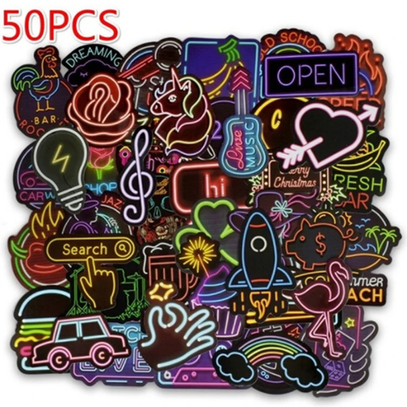 50PCS 50 шт., неоновый светильник, наклейка, аниме, значок, животные, милые надписи, наклейка s, подарки для детей, для ноутбука, чемодана, гитары, холодильника, велосипеда, автомобиля - Цвет: 50PCS
