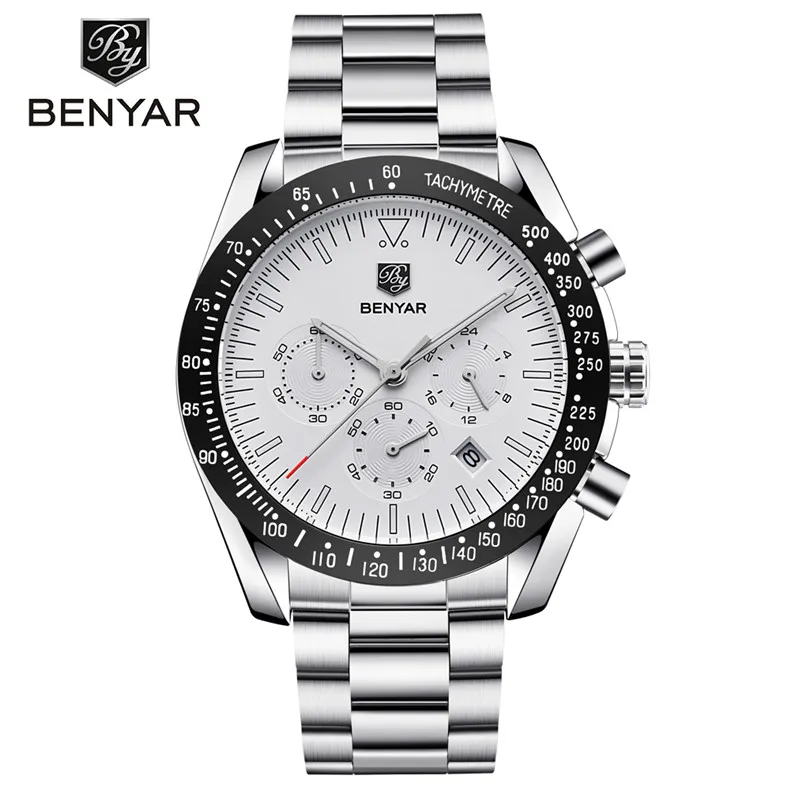 Steel white B BENYAR Брендовые мужские спортивные часы с хронографом все указатели водонепроницаемые Модные Стальные кварцевые часы Прямая поставка черные - Цвет: Steel white B