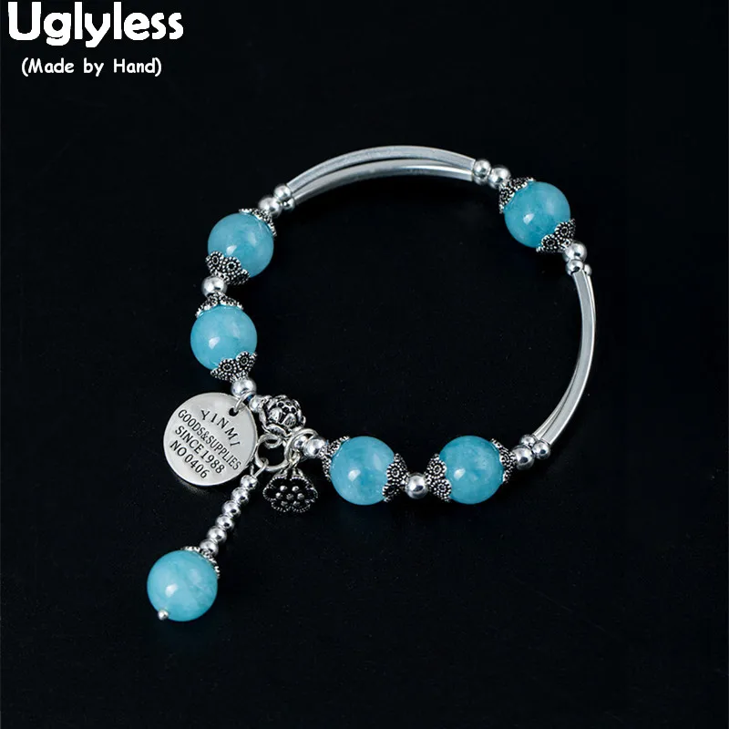 

Uglyless 100% Real 925 Sterling Silver Lotus Tassel Bracelets for Women Gemstones Balls Beading Bangle Elastic Rope Fine Jewelry