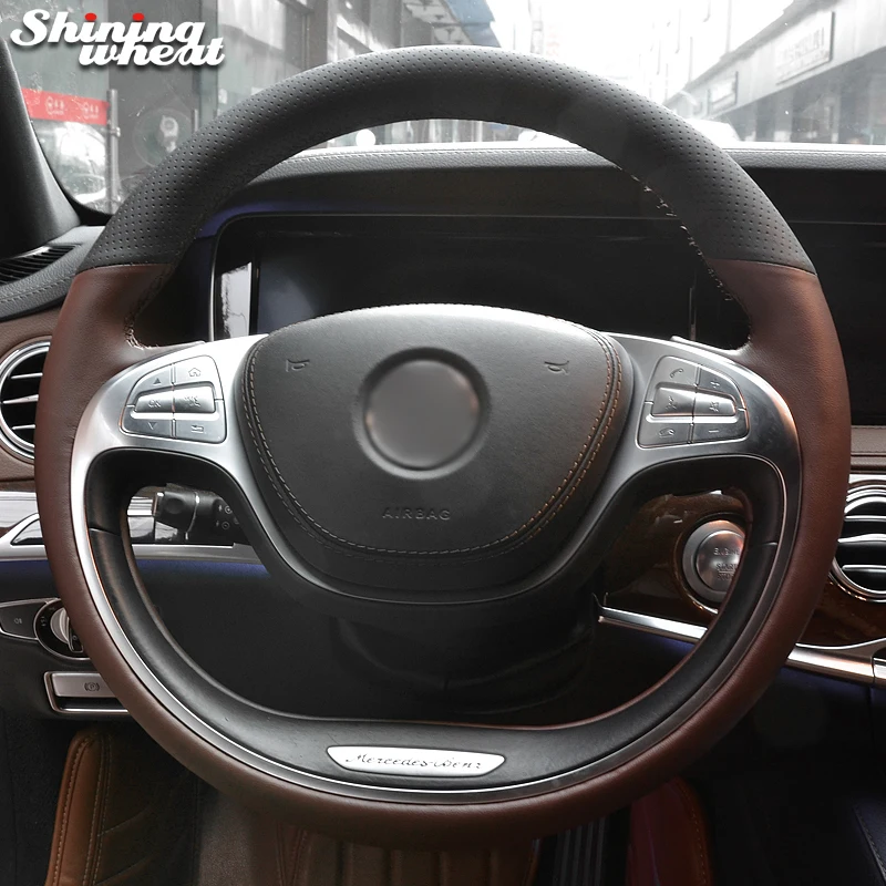 

Hand Sew Black Brown Genuine Leather Car Steering Wheel Cover for Mercedes Benz S-Class 2014-2017