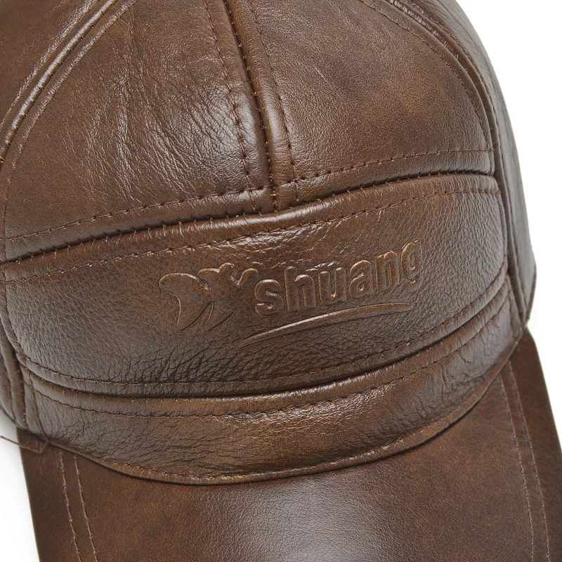 Новинка 2017 зимние шапки с ушами мужские бейсболки из натуральной воловьей кожи