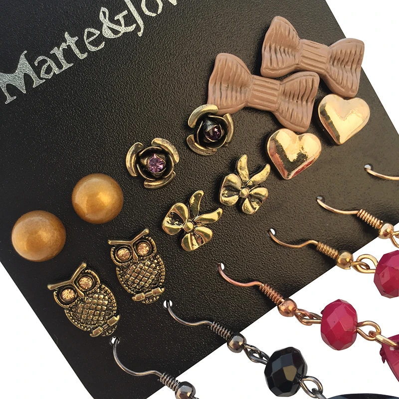 Marte&ampJoven Retro Water Drop Long Earring Set for Women Classic Flower/Owl/Bow-knot/Heart Earrings 9 Pairs/set Ear Jewelry | Украшения и