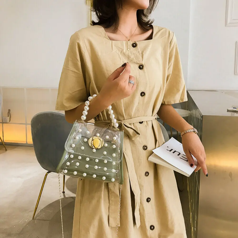 

PVC Transparent Bag Women Fashion Candy Pearl Mini Handbag Women Messenger Crossbody Bag Shoulder Bag Satchel Tote