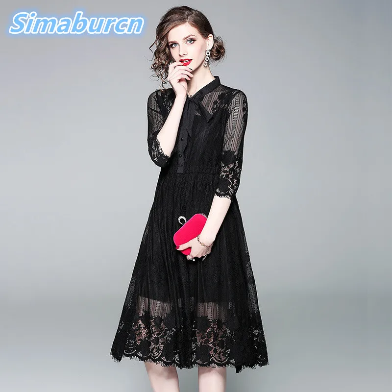 

Simaburcn Summer Women Hollow Out Lace Dress 3/4 Sleeve A-Line Knee Length Femme Elegant Party Black Formal Dresses High Quality