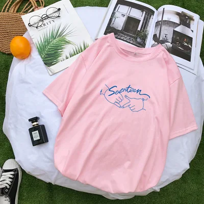 Pink Kpop футболки повседневные корейские Seventeen футболка женская с коротким рукавом Harajuku уличная свободная футболка Femme Tumblr Camiseta Mujer - Цвет: Pink