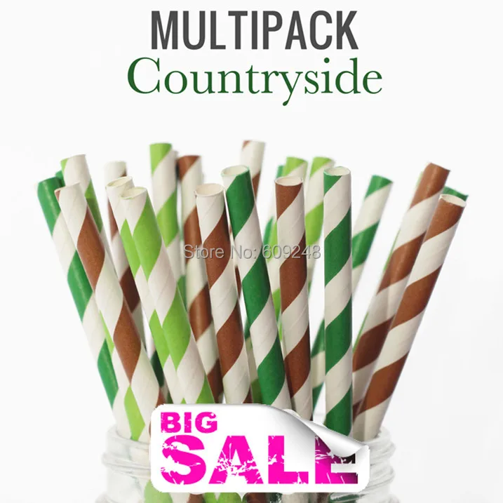 

150pcs Mixed Colors Countryside Cute Paper Drinking Straws, Kelly Green, Lime Green and Brown Striped, Party Decorations
