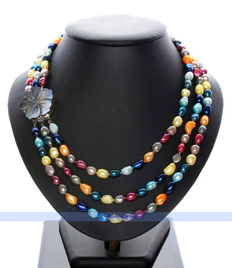 

Free Shipping 3 Strands 8-11mm Natural Multicolor Pearl Necklace