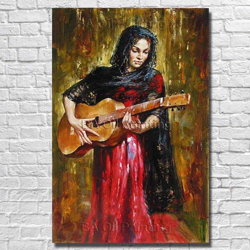 

High Quality Hand Painted Canvas Art Women Play Guitar Oil Paintings Modern Decoration Wall Art Living Room Decor no Framed