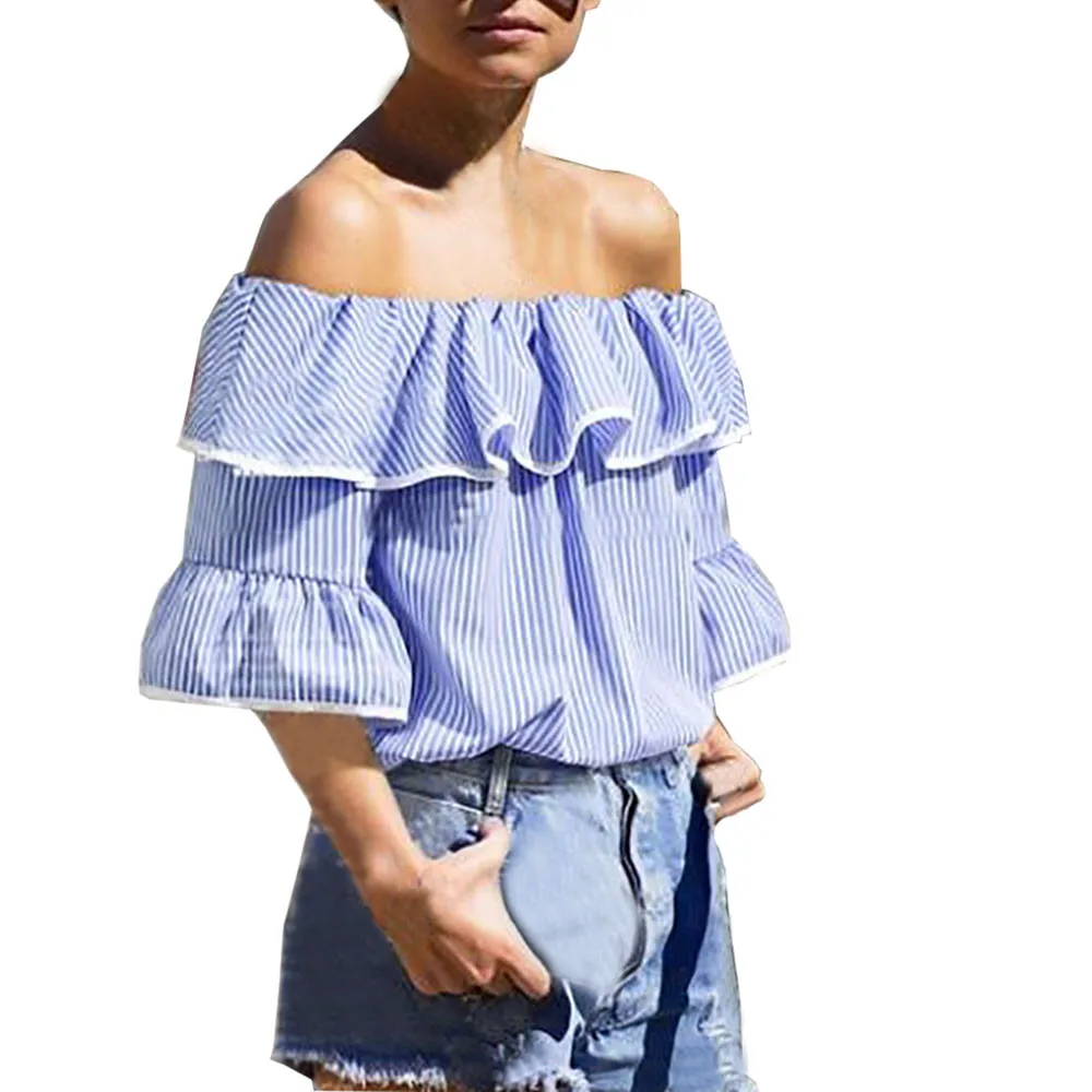 Женский топ с открытыми плечами и рукавом 2017 в полоску | Женская одежда