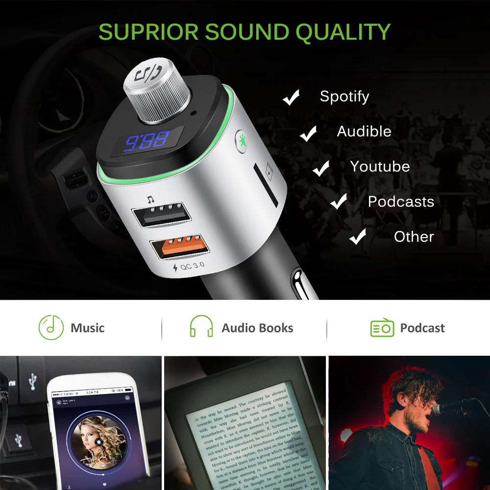 Onever QC3.0 быстрое зарядное устройство беспроводной Bluetooth fm-передатчик модулятор Автомобильный Радио адаптер MP3 плеер двойной USB с окружающим светильник