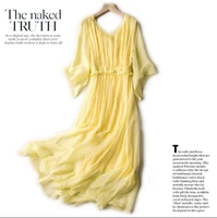 new silk dress gown women natural silk high quality holiday beach dress elegent yellow dresses girl free shipping