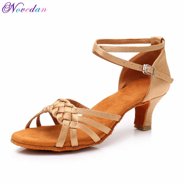 Beige 5cm Heel Женская обувь для девочек, красный, белый каблук средней высоты, 5 см, 7 см, атлас, танго, Самба, латинский, бальный, сальса, танцевальная обувь для женщин - Цвет: Beige 5cm Heel