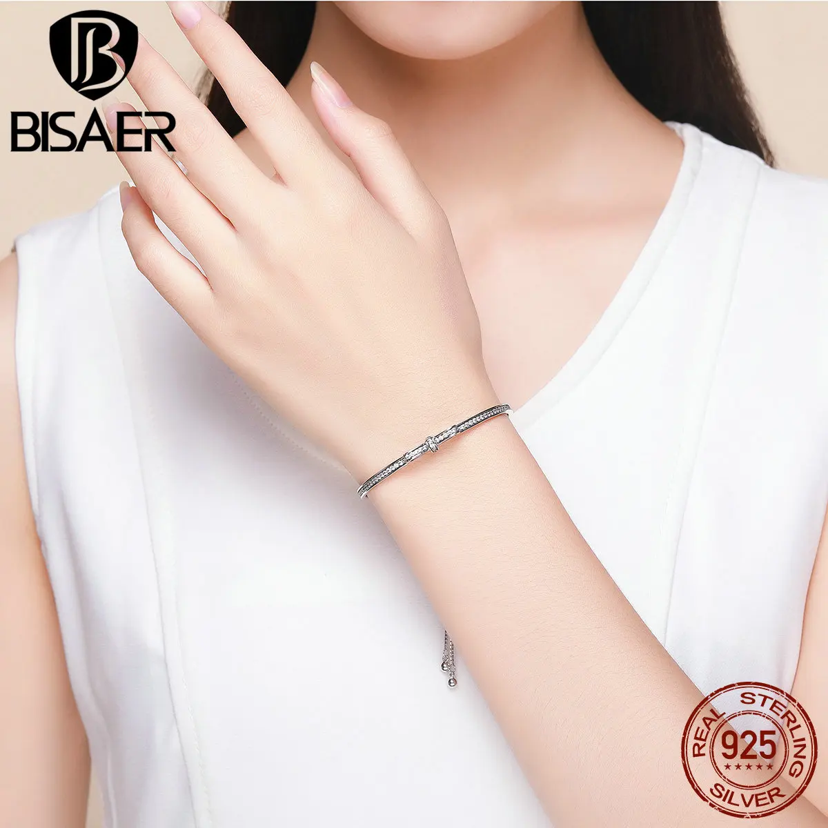 BISAER, 925 пробы, серебряный, с бантом, теннисные браслеты, браслеты для женщин, прозрачные, CZ, бант, Стерлинговое серебро, ювелирные изделия, Pulseira ECB108