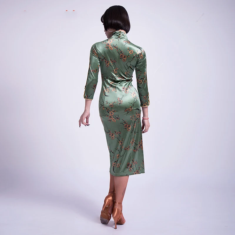 Для латинских танцев платья женщин Восточный Cheongsam с длинным рукавом Бальные