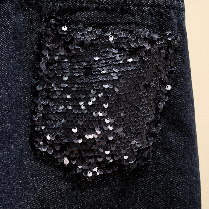 Женские джинсовые шорты с блестками Летние черные высокой талией и дырками