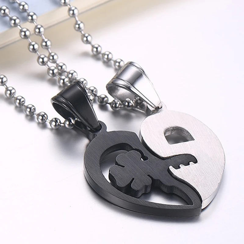 CN-038 2pcs/lot Men Women Stainless Steel Key Heart Couple Pendant Necklace With Cubic Zirconia Romantic Lovers Puzzle |