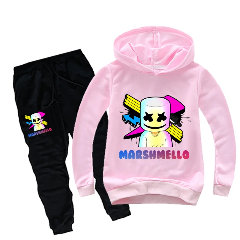 Boys Girls Marshmello Kids Hooded Sweatshirt Pullover Hoodies &amp Long Pants DJ Spring Fall Casual Costumes Outfit Set | Детская одежда