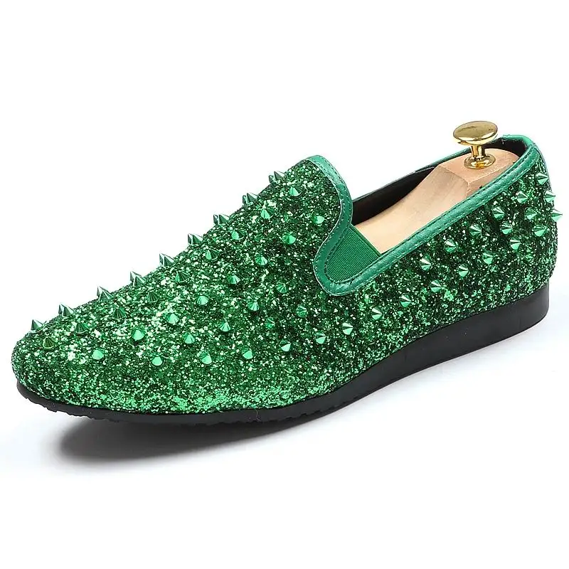 Fashion Tide Of Men Red Loafer Shoes Rivets Glitter Casual Comfort Slip On Flats Round Toe Trending Size 38-44 Green | Обувь