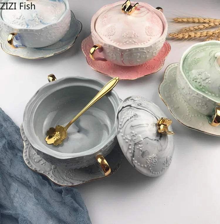 Керамическая миска с мраморным узором в Европейском стиле крышкой для