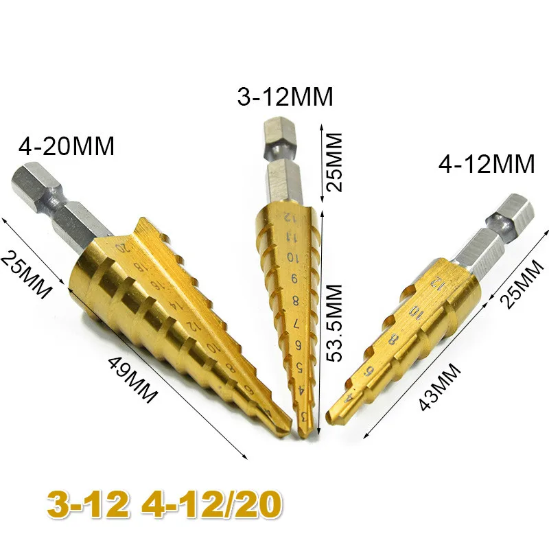 

3Pcs Hss Step Drill Bit Titanium Coated Step Cone Metal Hole Cutter 4-12/20/32mm Metal Hex Tapered Drill Power Tools Accessories