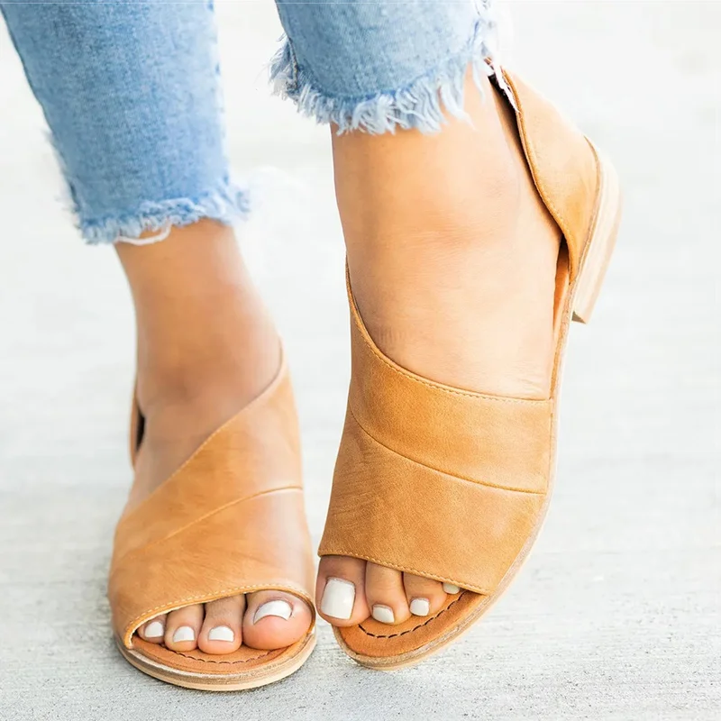 Женские босоножки с открытым носком повседневные на низком каблуке лето